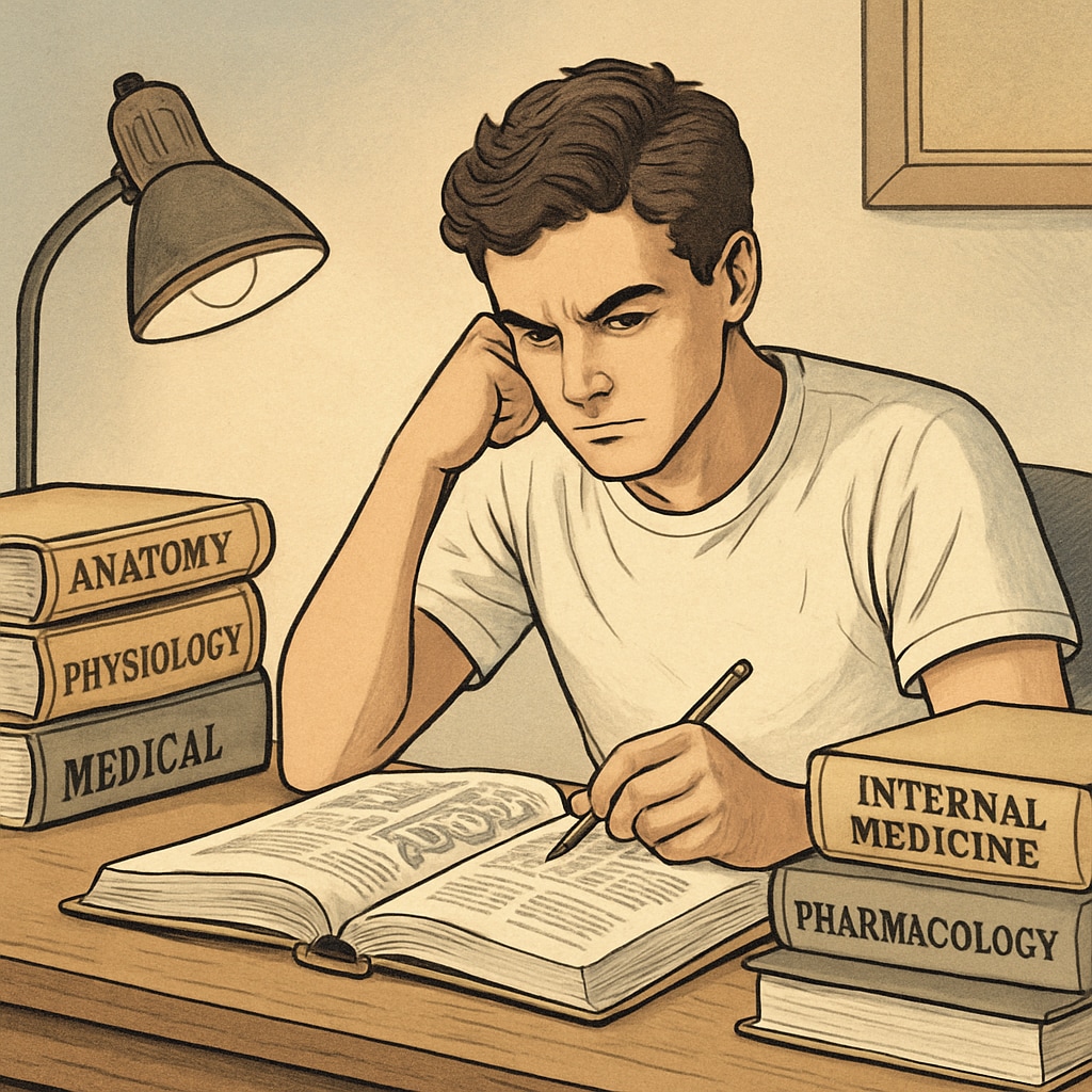Student studying medical textbooks while overcoming learning disabilities and family pressure.