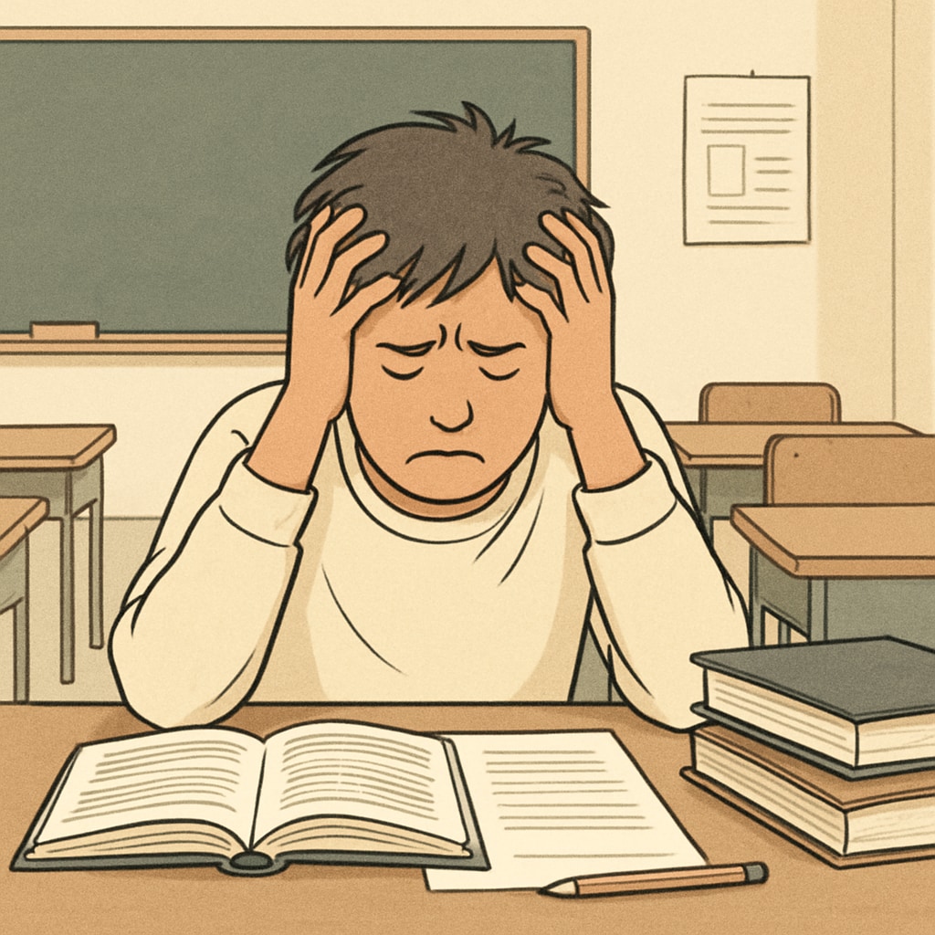 A distressed student sitting at their desk, holding their head in frustration. A student frustrated by academic integrity accusations, sitting at their desk.
