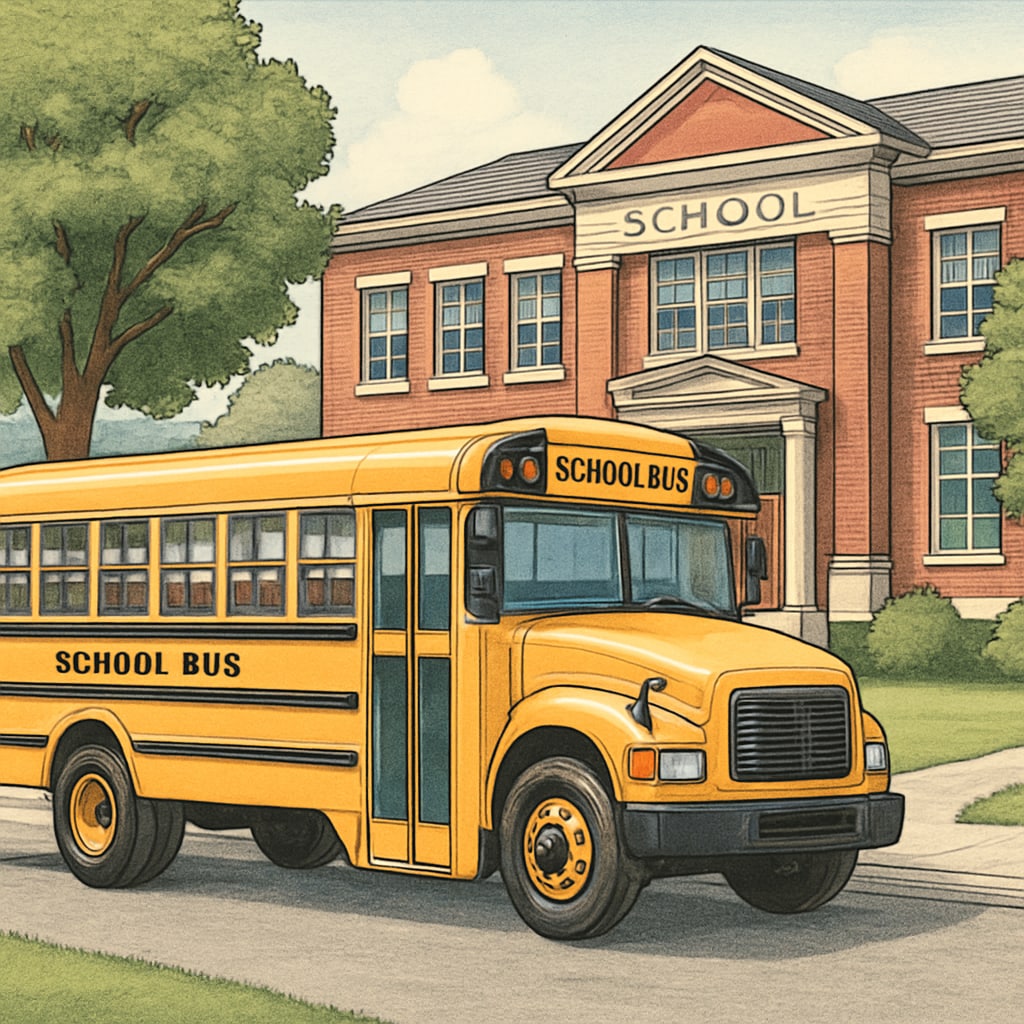 A school bus parked outside an educational institution, illustrating the role of transportation costs in school budgets. School transportation costs influencing per-student spending