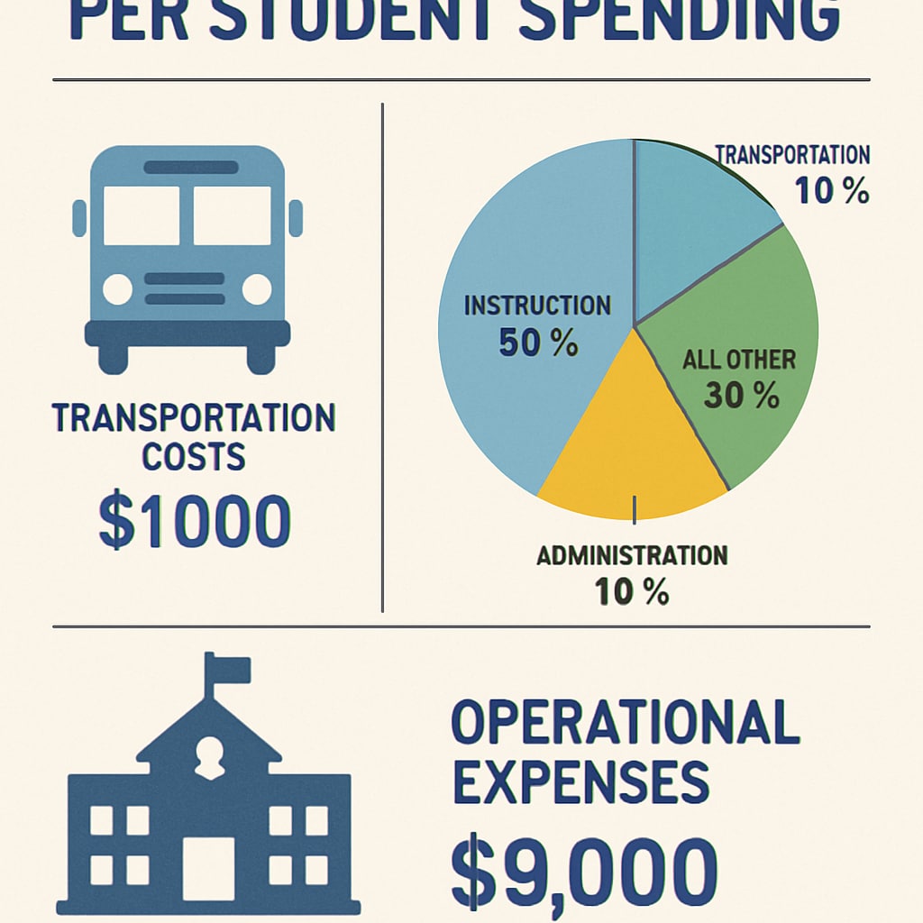 An infographic breaking down per-student spending components, highlighting transportation and operational costs. Per-student spending breakdown showing transportation costs