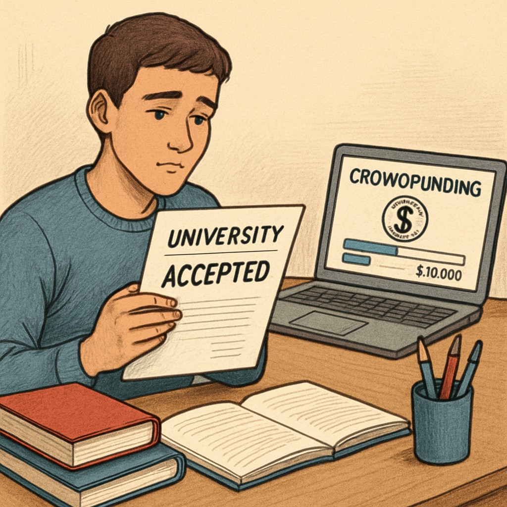 A student holding a university acceptance letter while browsing a crowdfunding platform, symbolizing hope and financial struggle. Student browsing crowdfunding platform to cover university tuition costs.