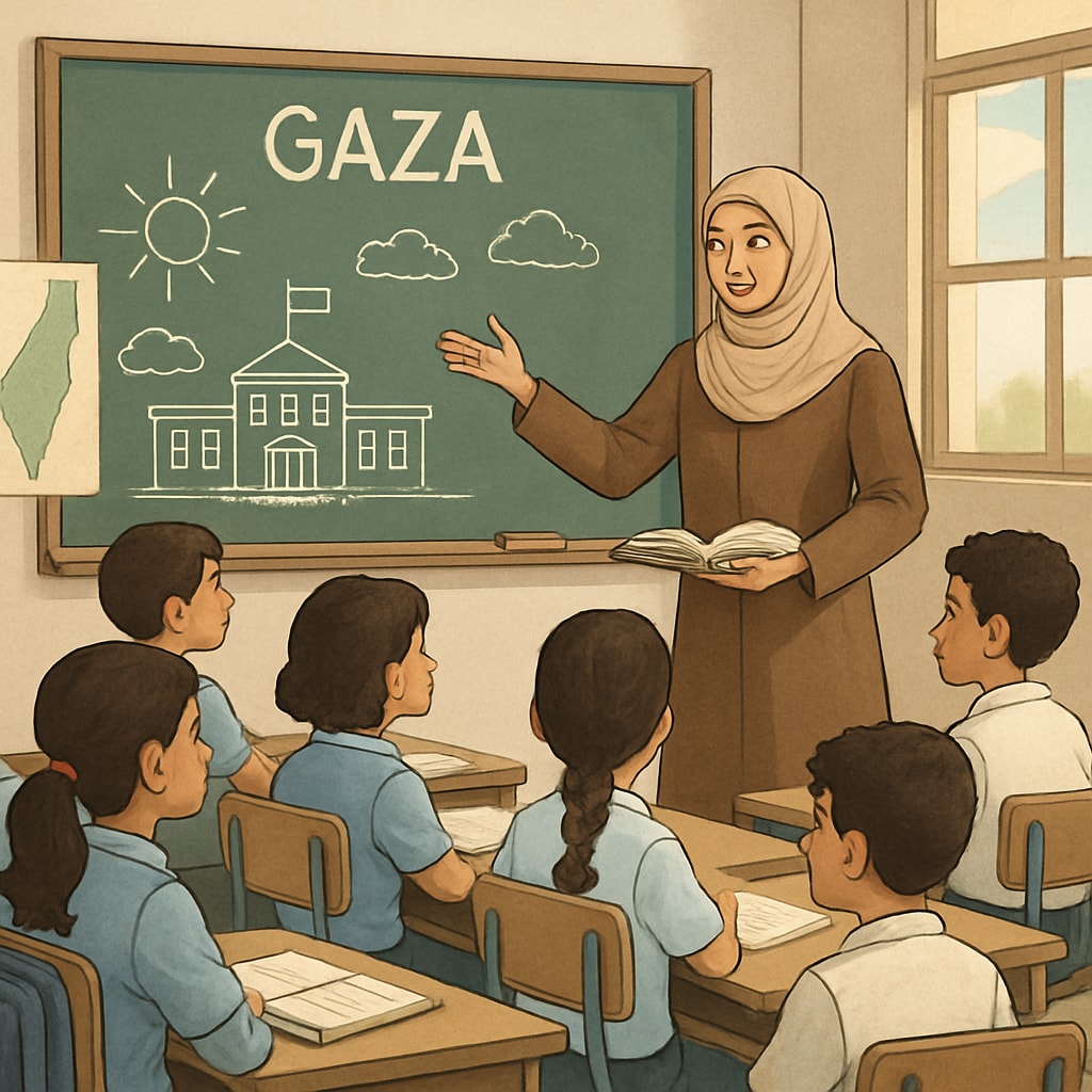 Gaza classroom showing education rebuilding efforts.