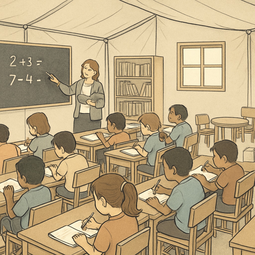 A temporary classroom setup with crowded desks and limited play facilities. Temporary classroom with crowded desks and limited play facilities due to school relocation.