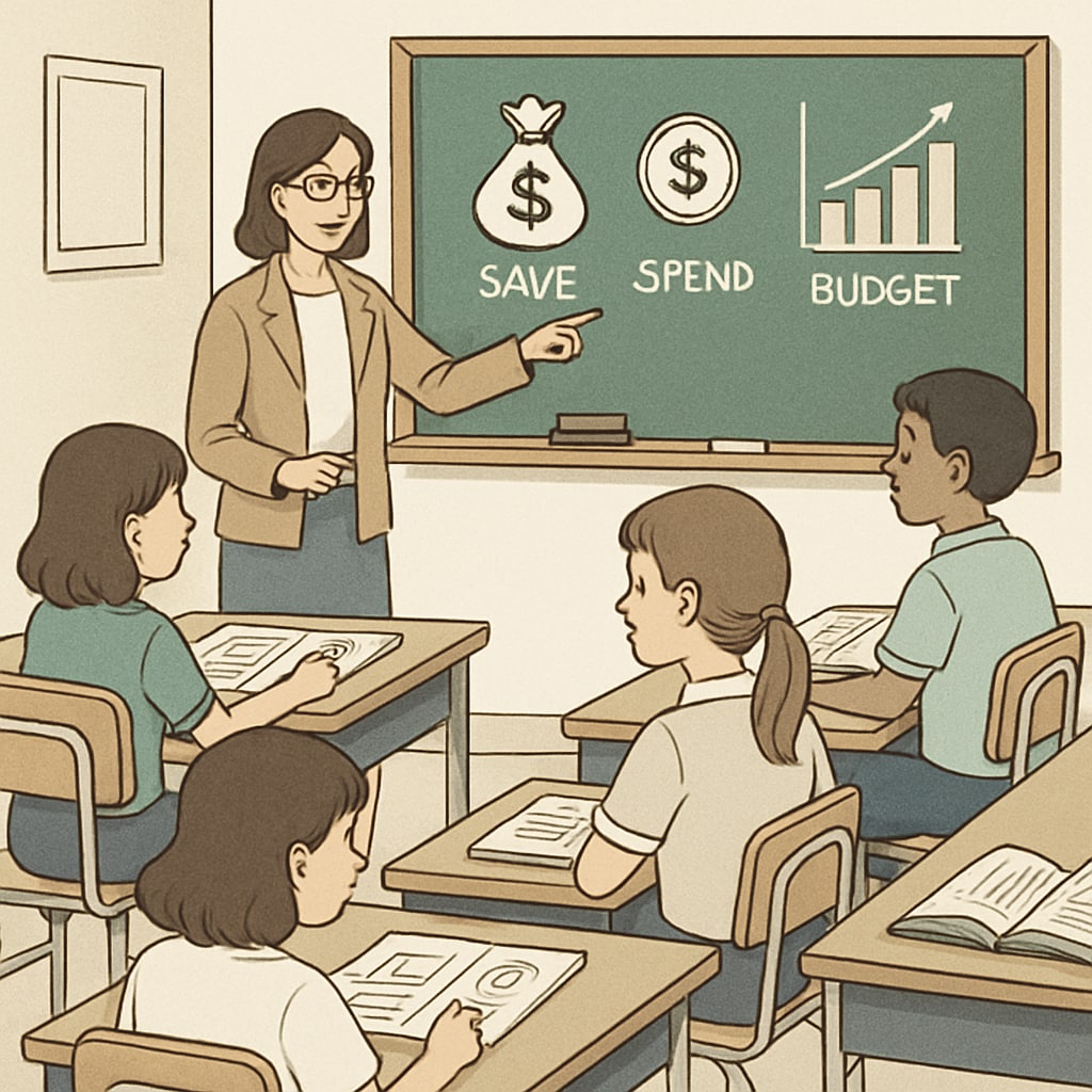 A classroom setting where a teacher is guiding students through a financial literacy exercise. Classroom activity focused on teaching financial literacy to K12 students.