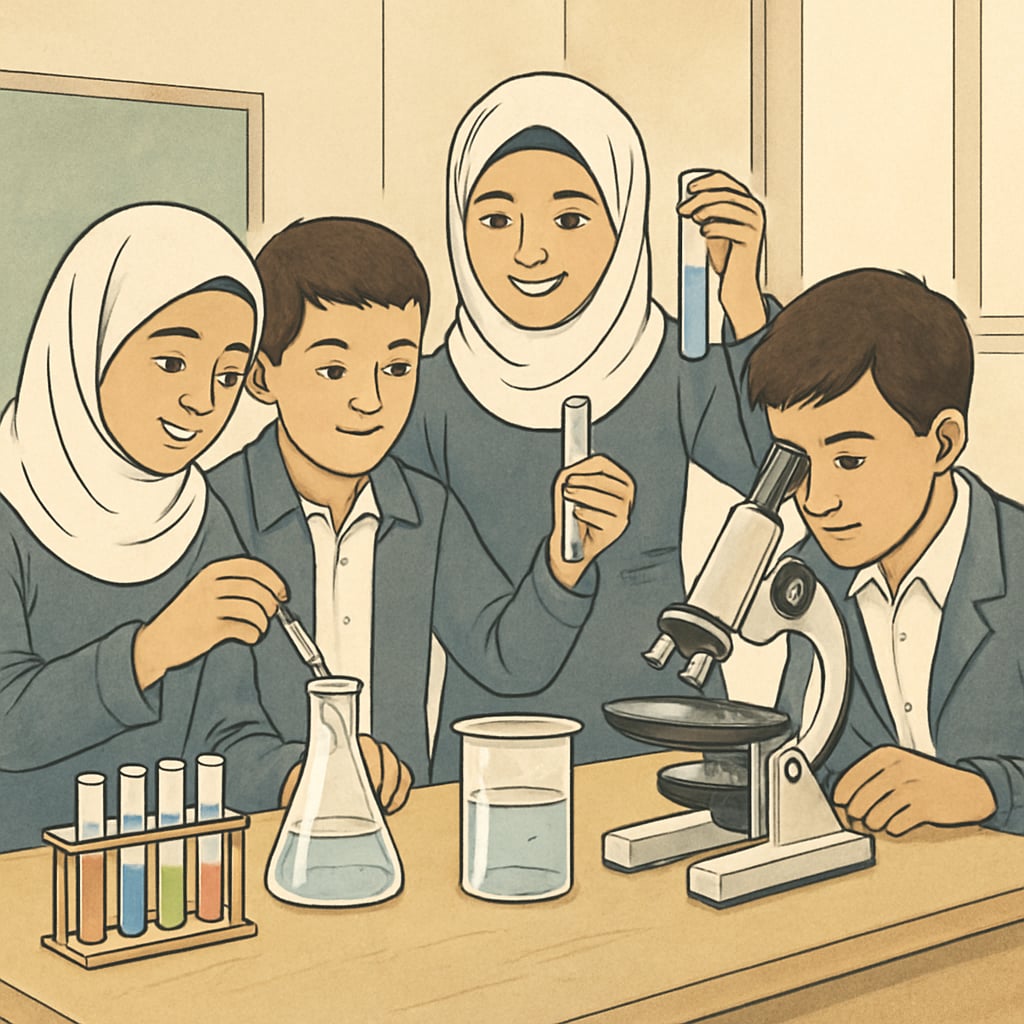 Students in Gaza performing a science experiment to highlight active learning.