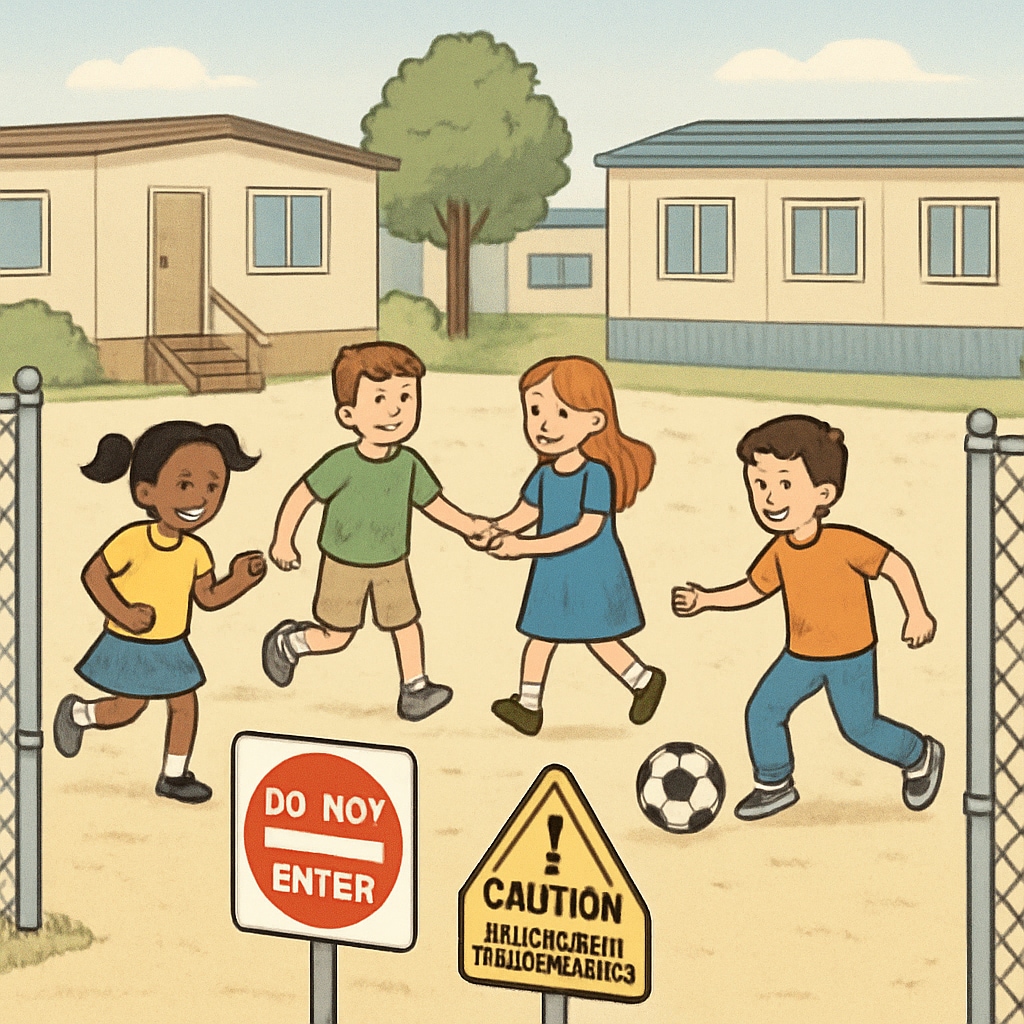 Children playing in a restricted outdoor area due to temporary school relocation. Children playing in a restricted outdoor area during temporary school relocation.