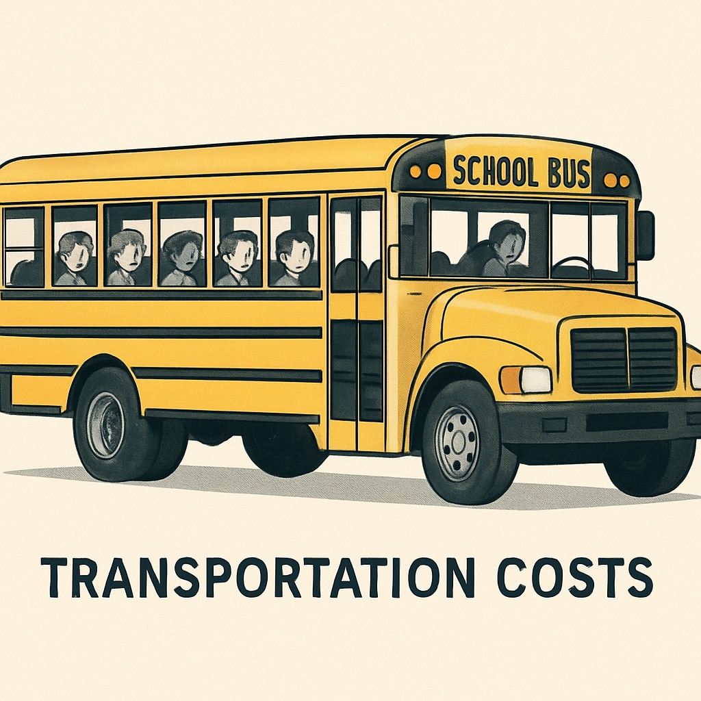 A school bus transporting students, symbolizing the role of transportation costs in school budgets. School bus used to illustrate transportation spending in school budgets.