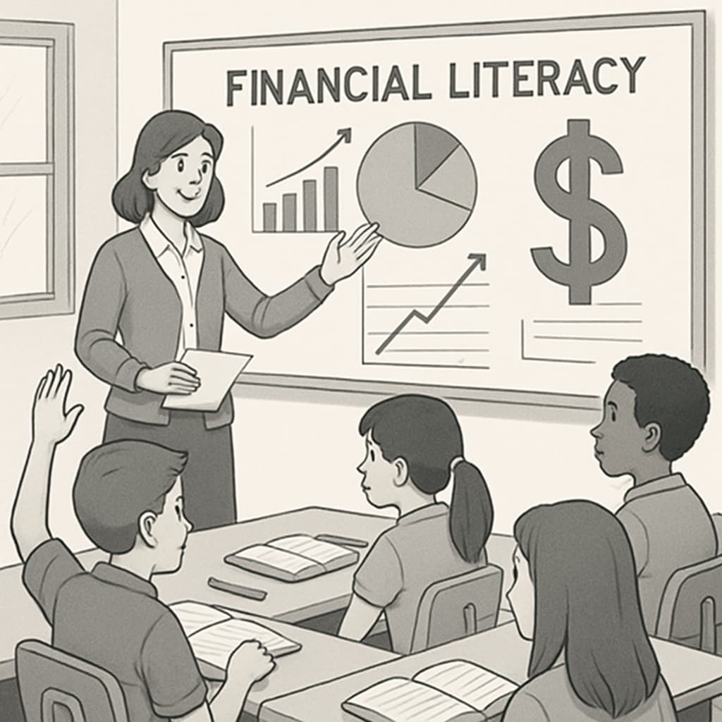 A classroom setting where students are actively engaged in learning financial literacy concepts, with the teacher using visual aids like charts and graphs. Financial literacy education being taught in a school classroom.