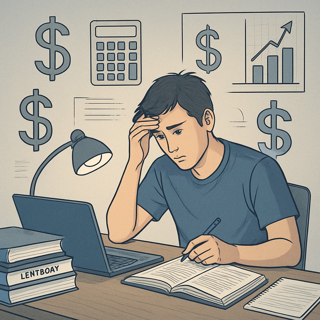 A student studying late at night with textbooks and a laptop, representing academic and financial pressures. Student dealing with tuition challenges while preparing for medical school applications.