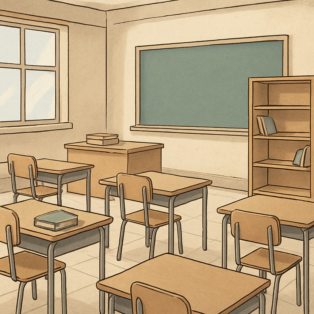Classroom with minimal supplies, highlighting disparities in resource distribution caused by funding mismanagement. Classroom with limited resources, emphasizing inequality in educational funding.
