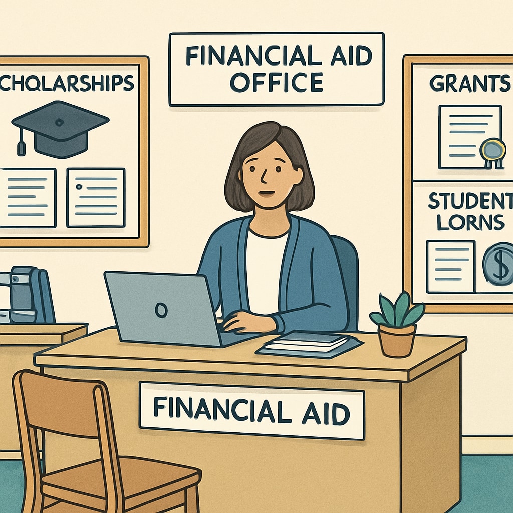 A financial aid office with visible information about scholarships, grants, and student loans, emphasizing accessibility to economic support. Financial aid office showcasing student funding options.