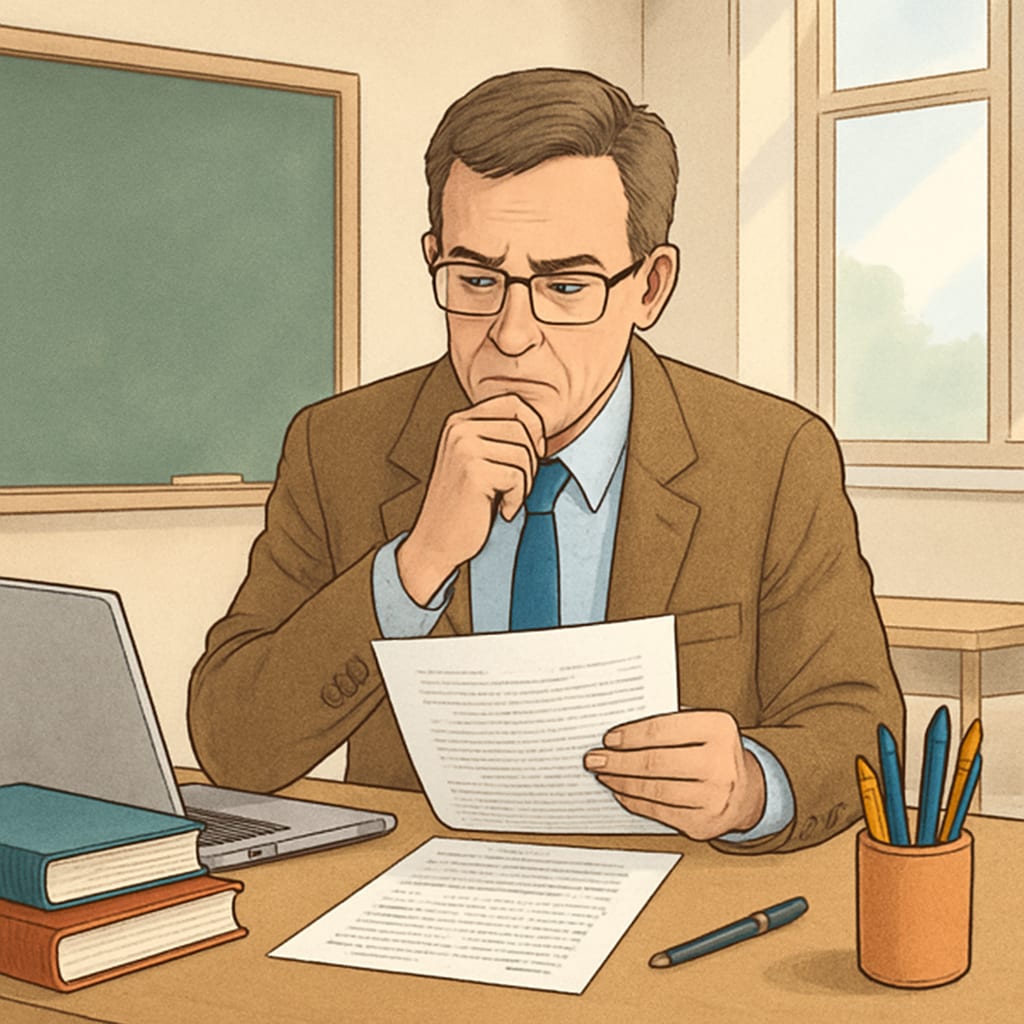 A concerned professor reviewing a student's paper, reflecting on plagiarism accusations. Professor reviewing a paper amidst plagiarism concerns.