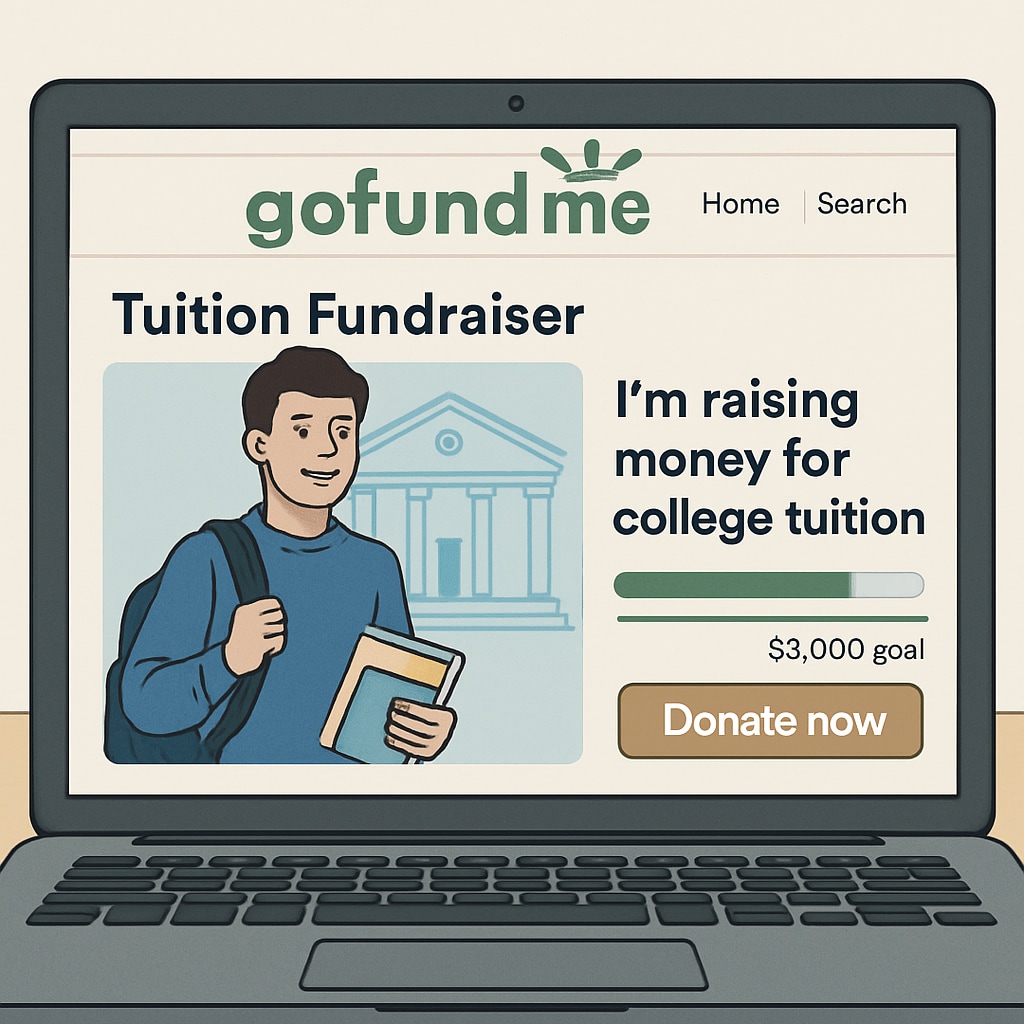 A GoFundMe campaign page on a laptop screen, showing a student raising funds for tuition. GoFundMe campaign for overcoming tuition challenges and pursuing medical school.