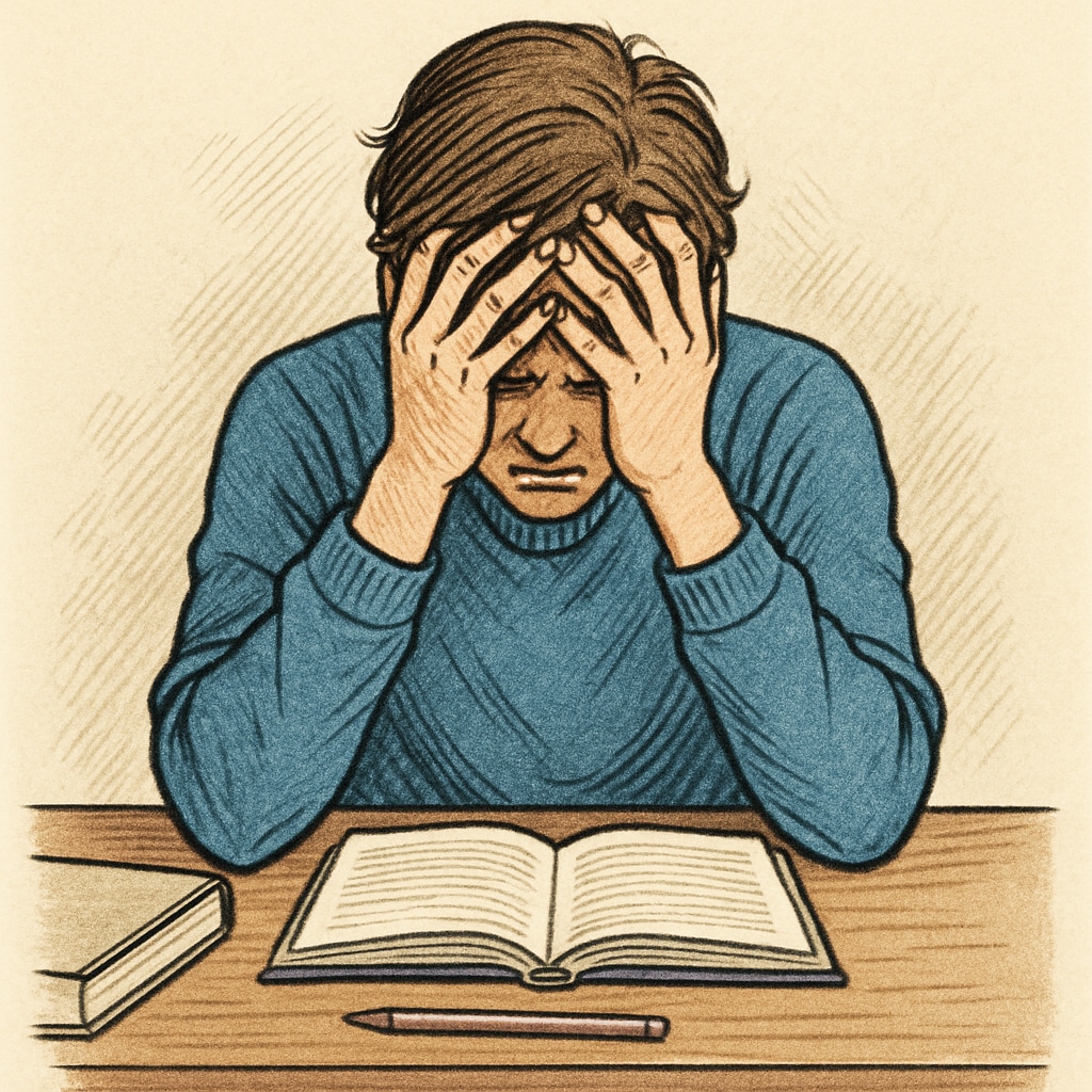 A distressed student sitting at their desk, holding their head in their hands, symbolizing the emotional toll of false accusations. A student distressed by false plagiarism accusations.