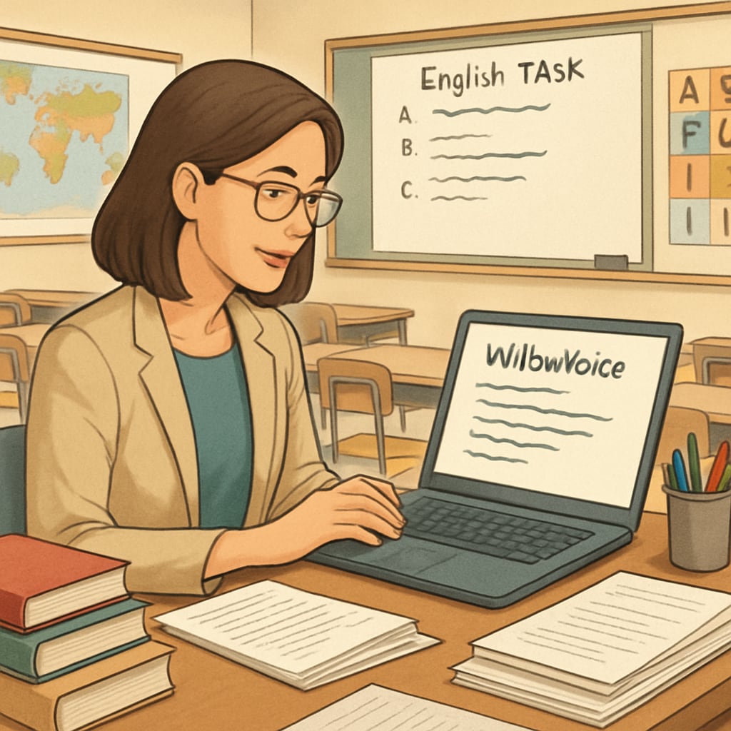 A teacher dictating feedback using WillowVoice on a laptop in a classroom setting. Teacher using WillowVoice speech-to-text tool for feedback in a classroom.