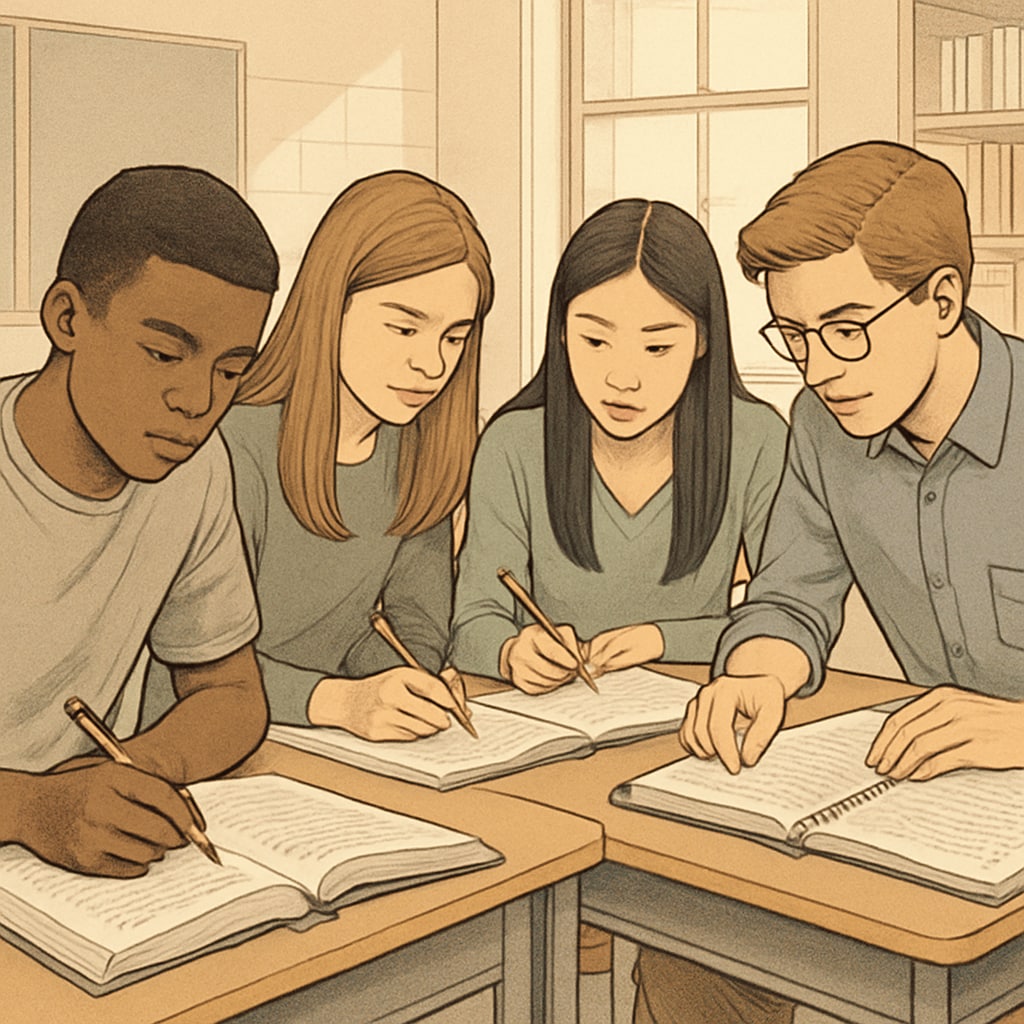 A group of high school students studying intensely, representing competitive preparation for elite college admissions. High school students preparing for Ivy League admissions.