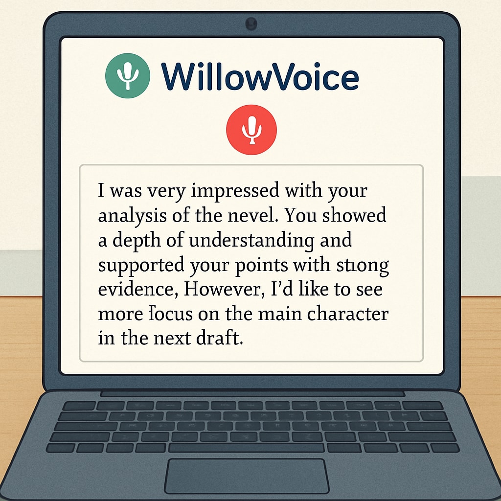A close-up of a laptop screen showing WillowVoice transcribing a teacher's spoken feedback. WillowVoice transcribing teacher feedback on a laptop screen.