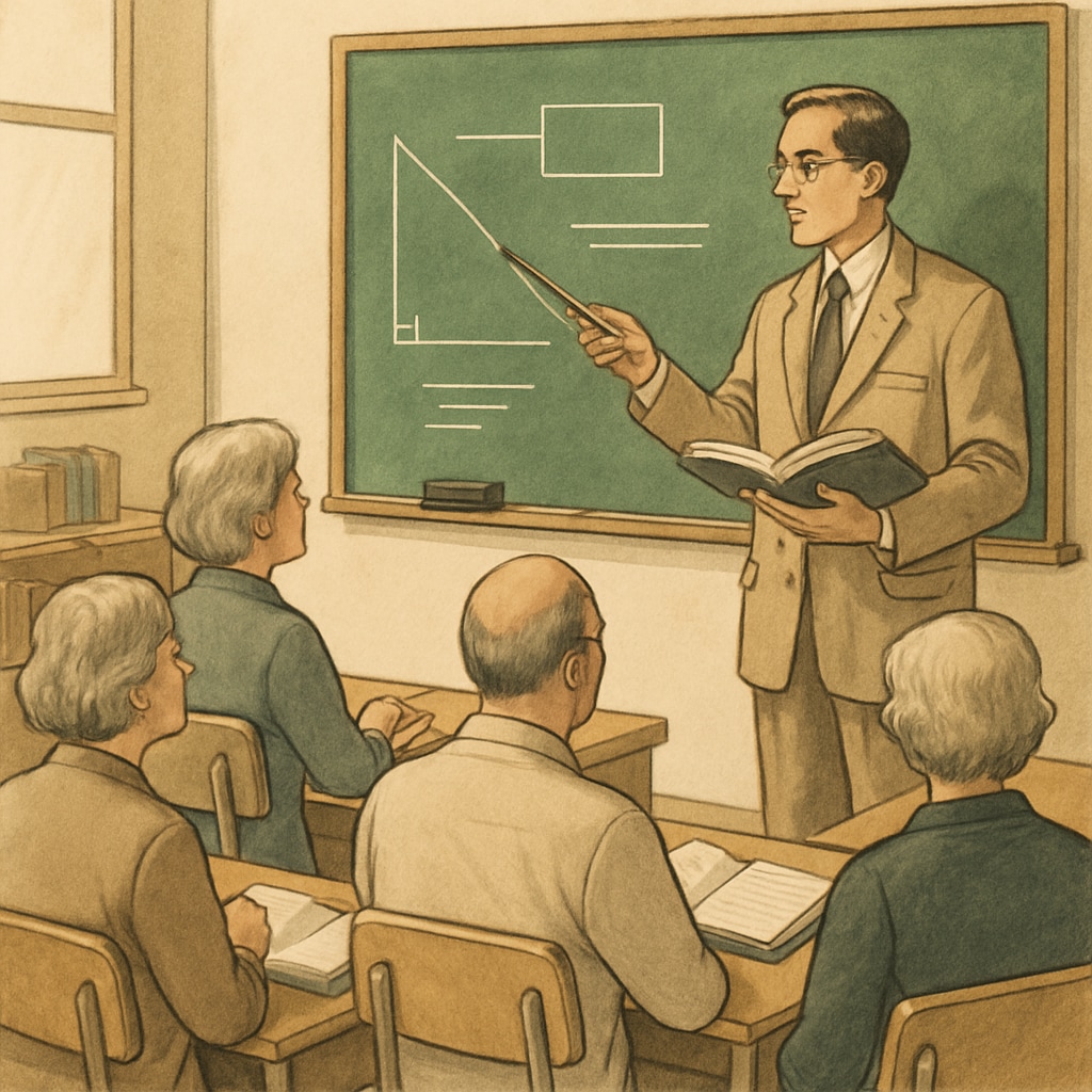 A teacher delivering a lecture to older students, illustrating traditional teaching methods. Teacher lecturing students in a classroom, highlighting conventional teaching methods.
