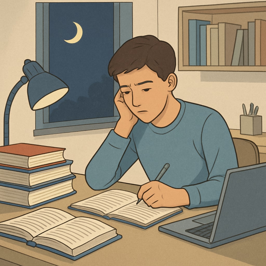 A high school student studying late at night, surrounded by textbooks and a laptop, symbolizing the challenges of balancing workload and personal aspirations. High school student studying for medical dreams amidst challenges