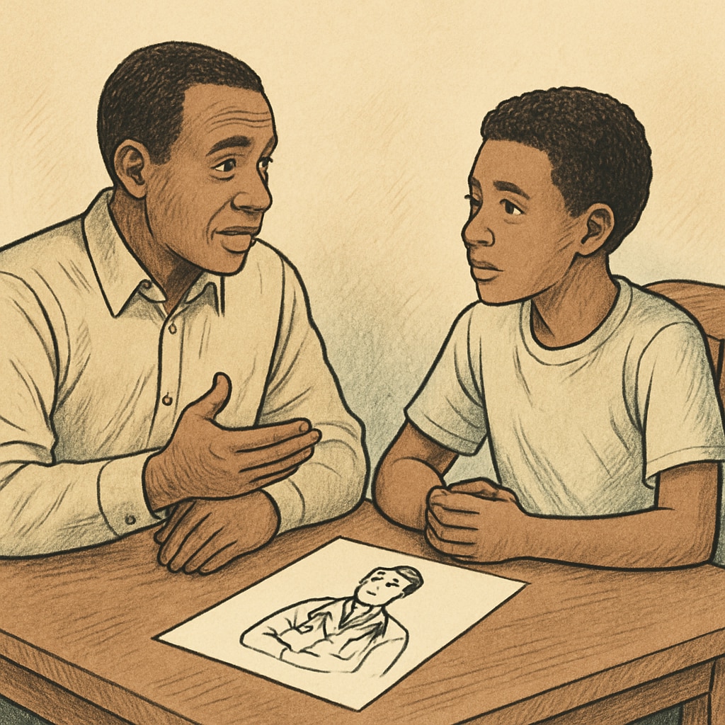 A parent and child discussing career aspirations at a dining table, emphasizing mutual understanding and communication about pursuing a medical career. Parent and child discussing career pressures and aspirations
