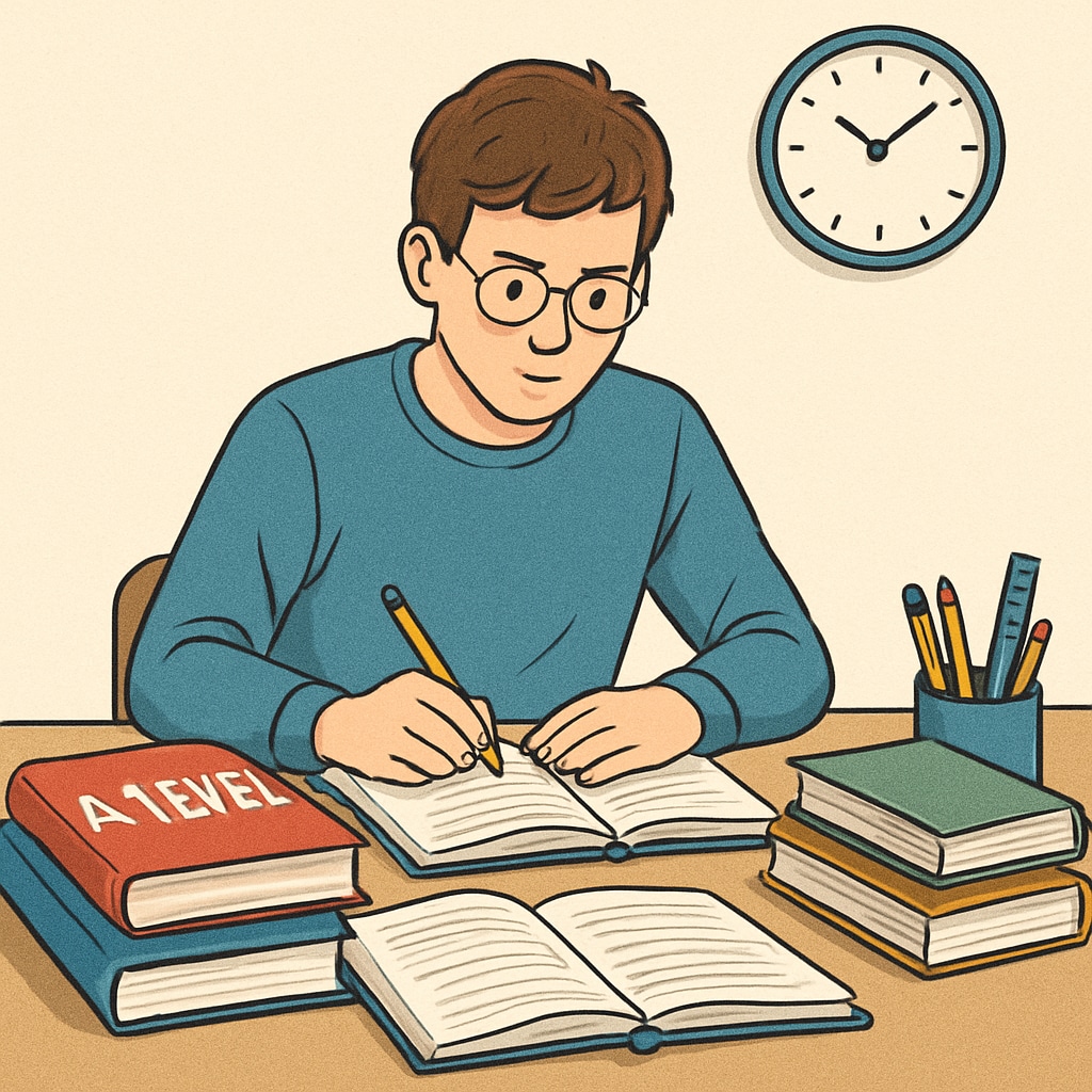 A student revising for exams at a desk with study materials and a clock in the background, symbolizing preparation for A-Level retakes. A-Level exam preparation with study materials and a clock.