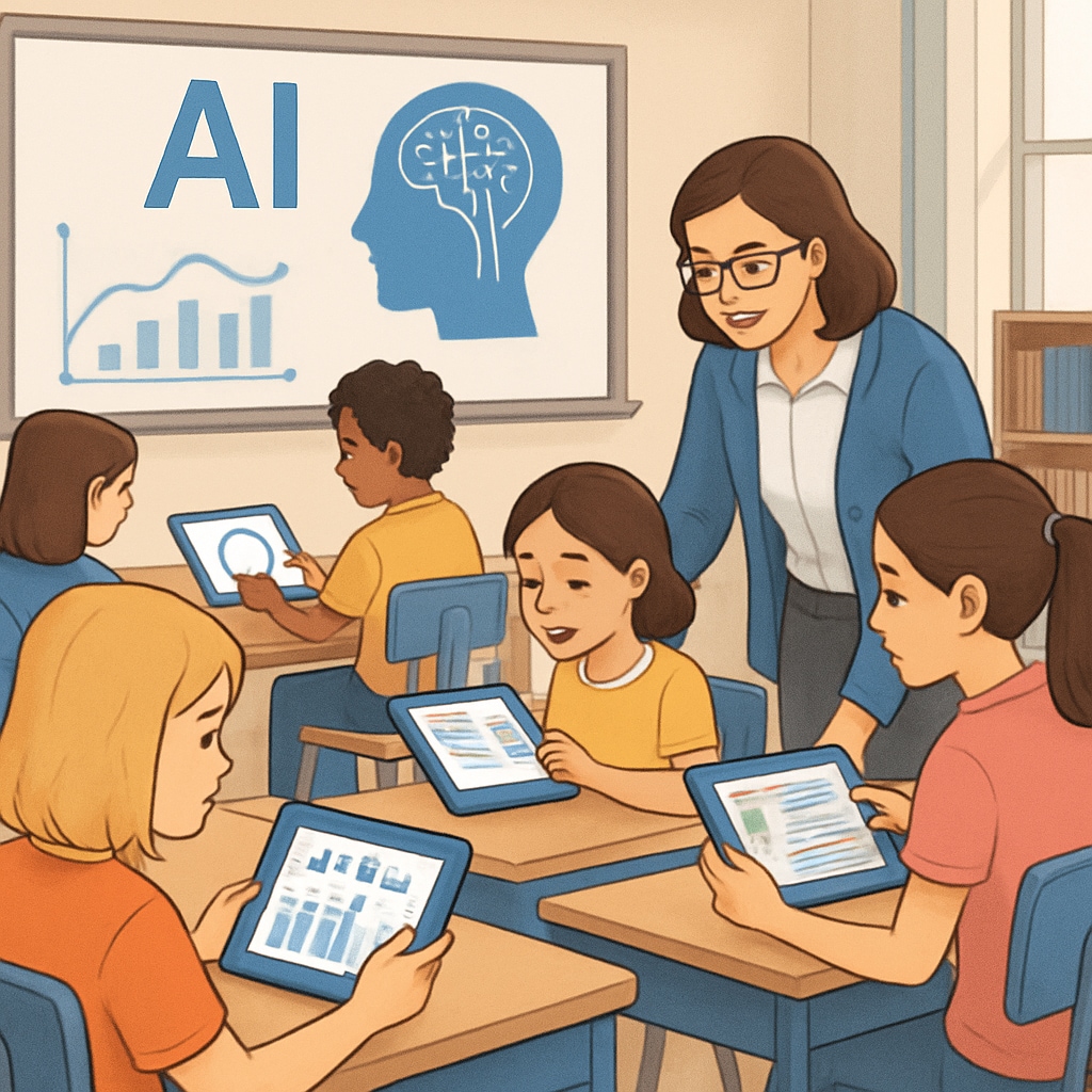 An AI-powered classroom featuring students using tablets and personalized learning software. The image showcases how AI adapts to individual learning needs. AI-powered classroom with personalized learning tools