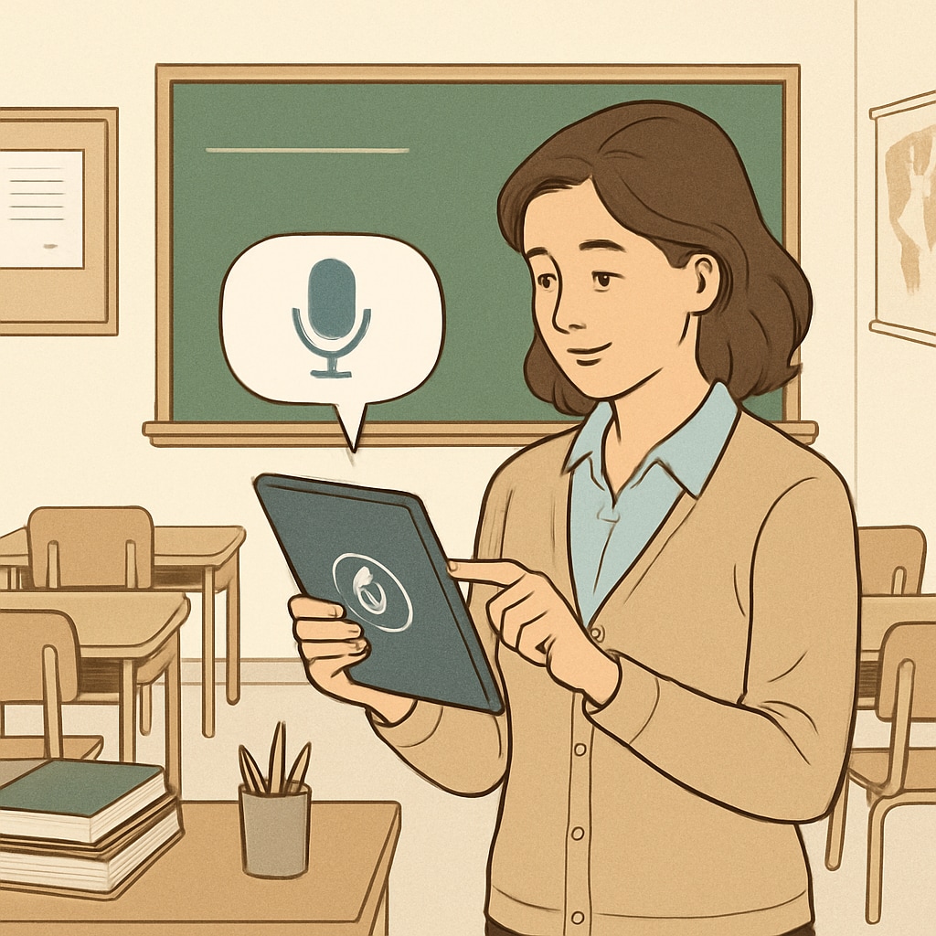 A teacher using a voice recognition application to plan a lesson on a tablet in a classroom setting. Voice recognition application improving lesson planning efficiency for teachers.