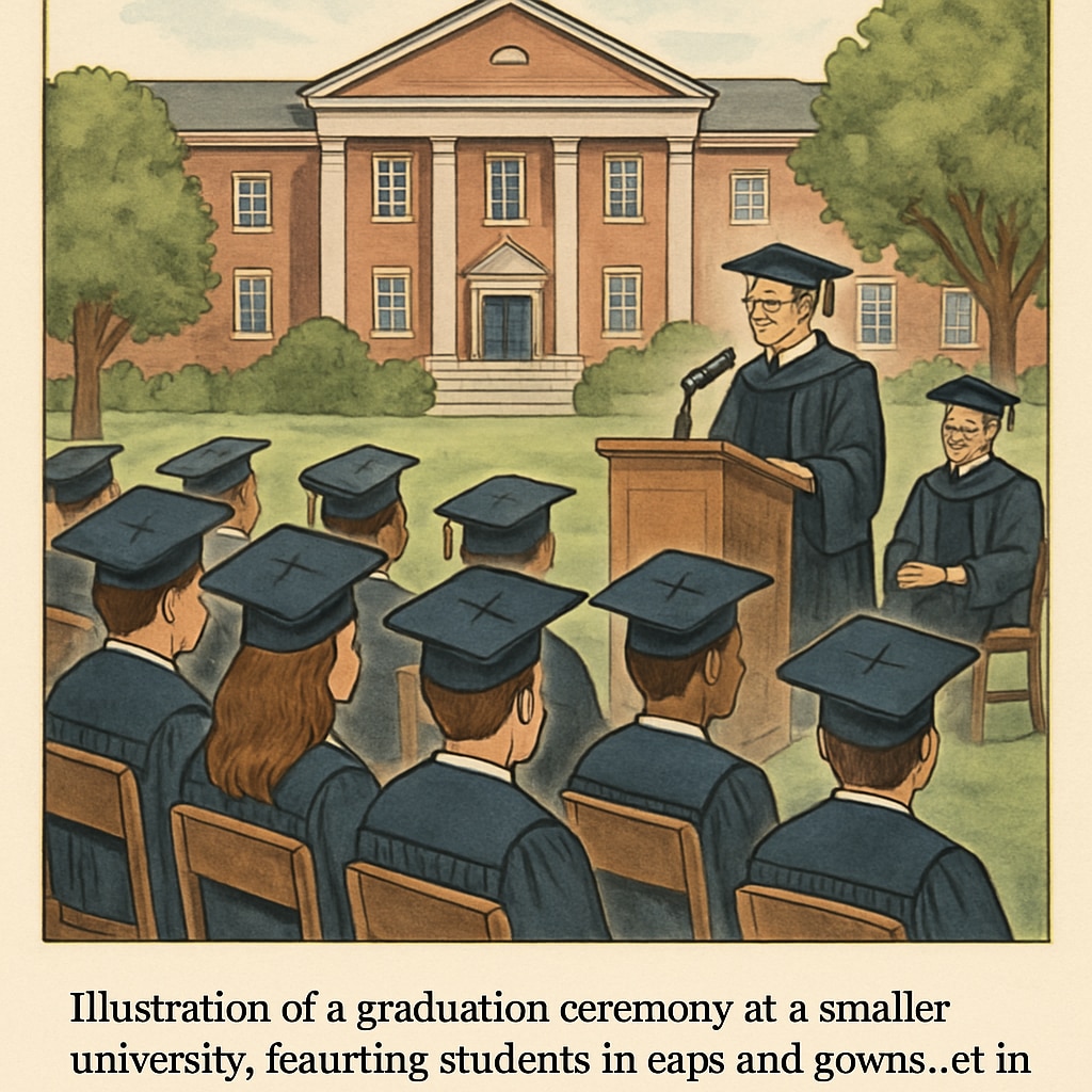 A graduation ceremony at a smaller university, showcasing students in caps and gowns, representing the option of attending a lower-ranked domestic institution. Graduation ceremony at a domestic university.