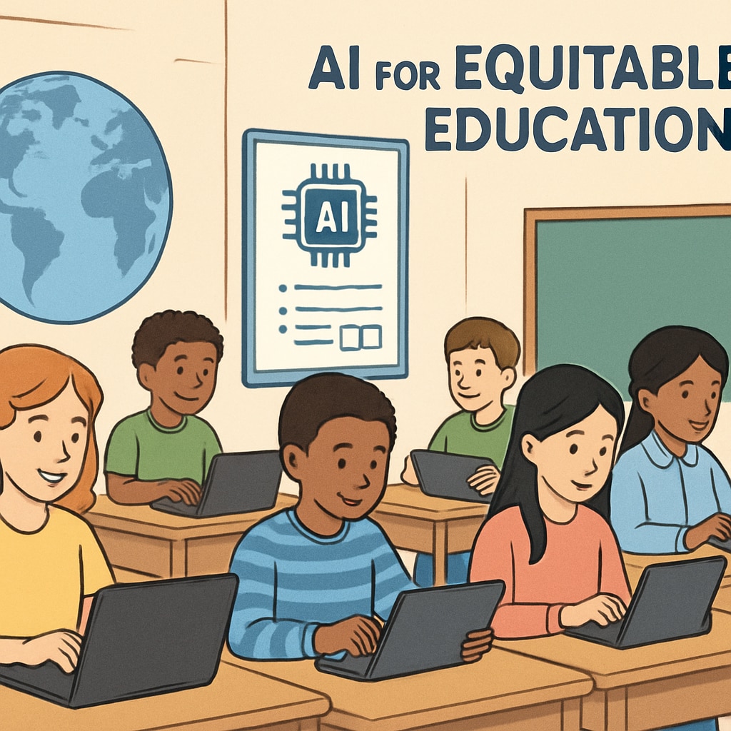 A global classroom environment where diverse students access AI-driven resources on laptops and tablets. The image highlights AI's role in promoting equitable education. Global classroom with AI-driven educational resources