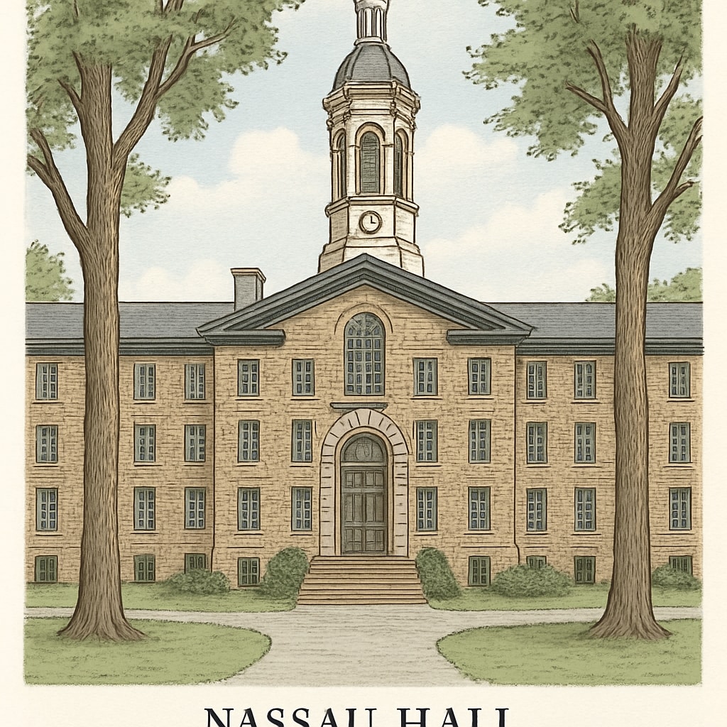A photo depicting Princeton University's iconic Nassau Hall, showcasing its historic architecture and Ivy League legacy. Princeton University campus with Ivy League architectural style