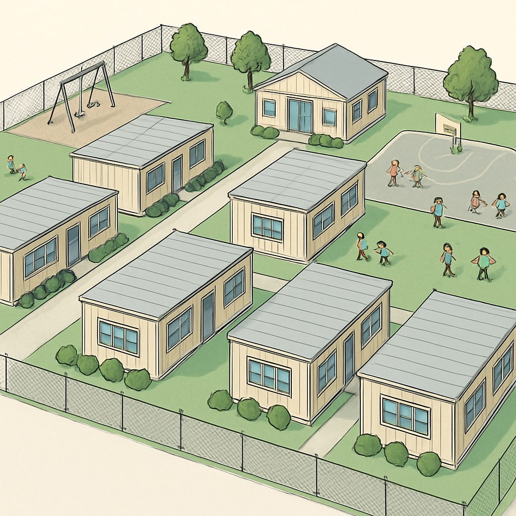 Temporary school campus with limited resources, showcasing the impact on children's development.