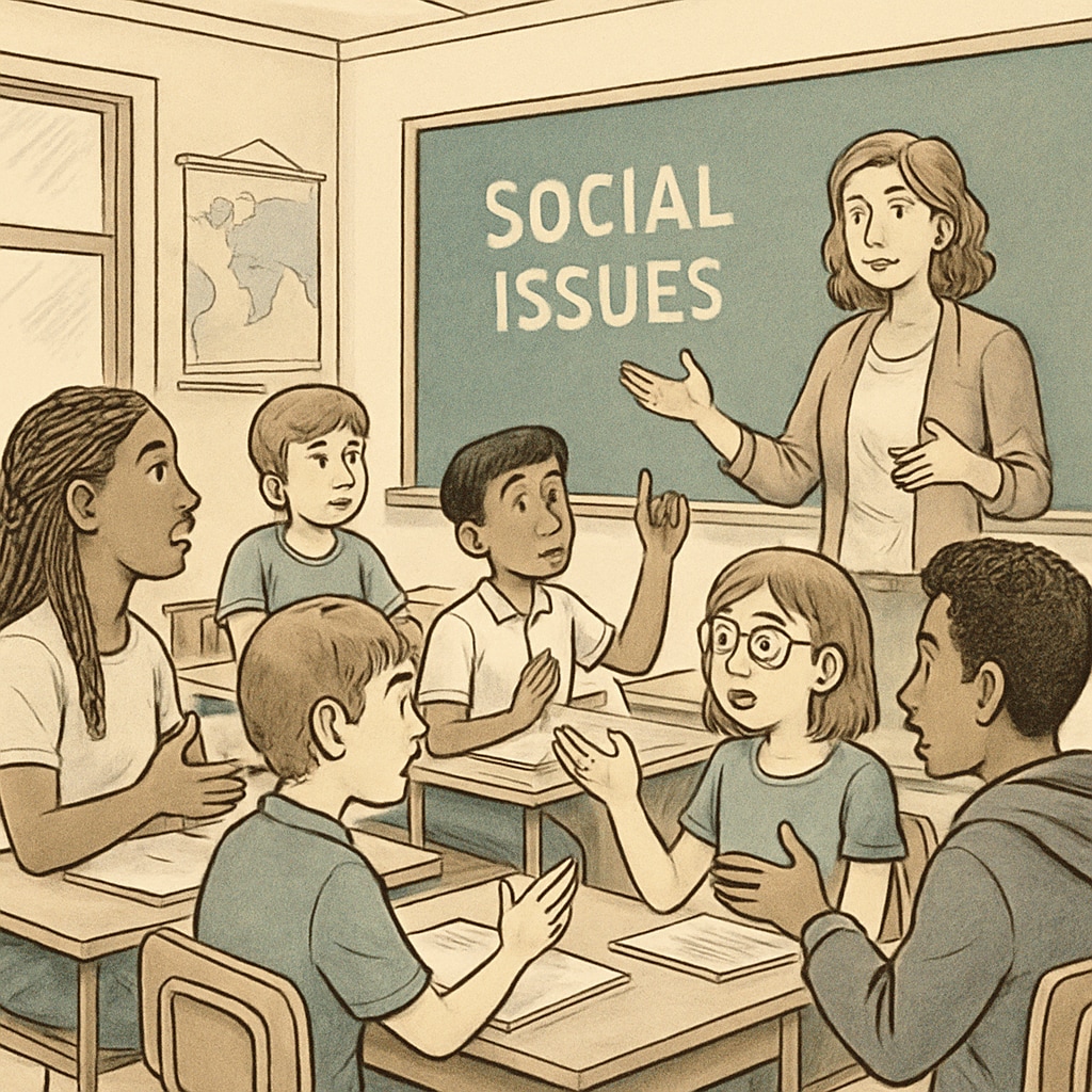 A classroom discussion featuring diverse students and a teacher engaging in a debate on social issues. Students and a teacher discussing social issues in a classroom, reflecting wokeness in education.