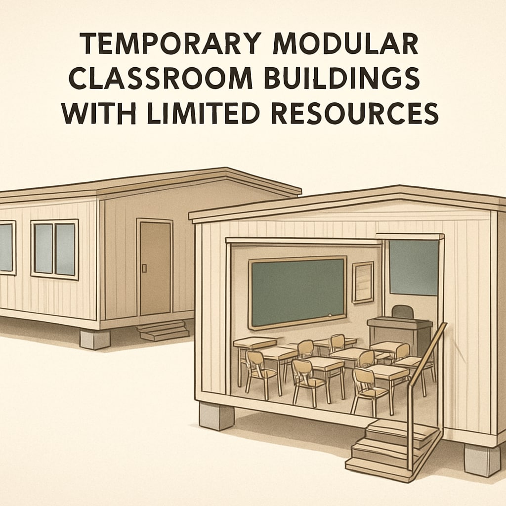 Modular classrooms used during school relocations, highlighting infrastructure challenges.