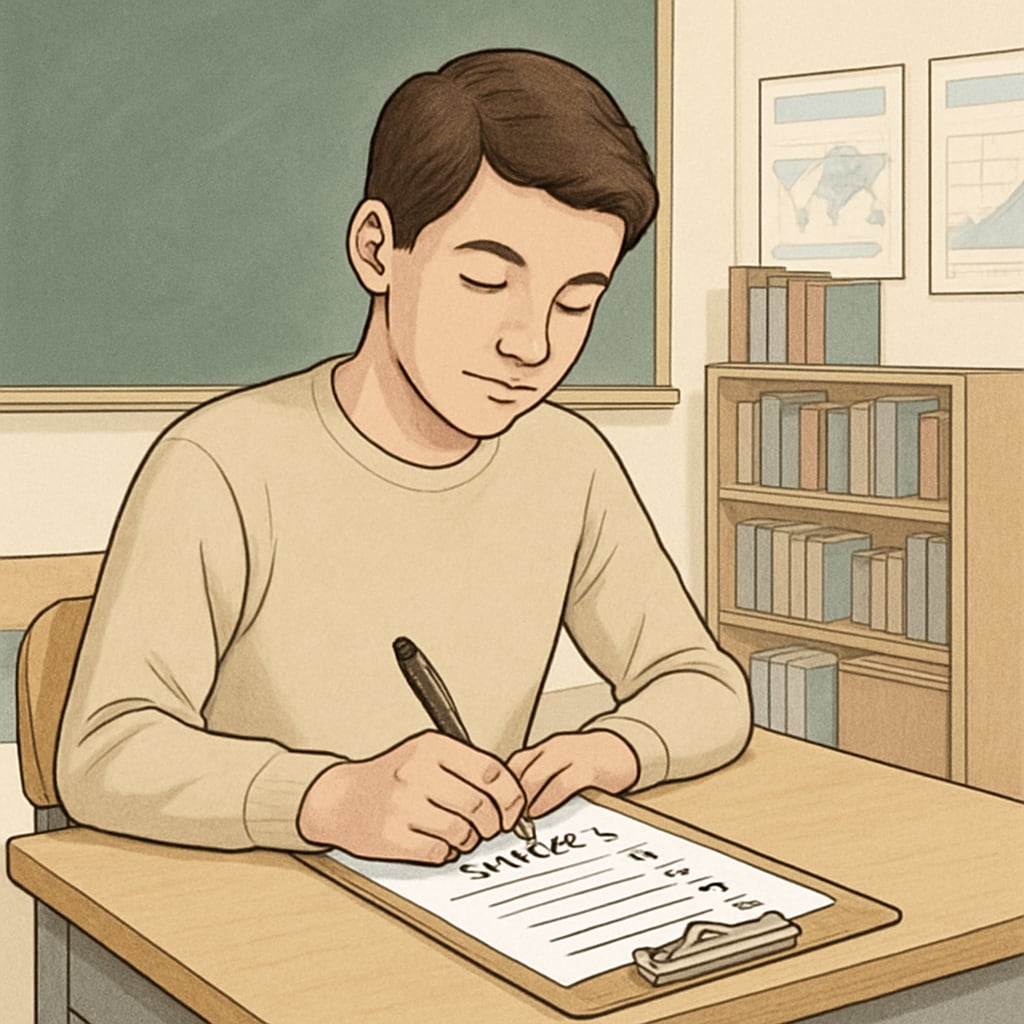 A high school student filling out a survey about their school experience. A student completing a survey on their school’s approach to political ideologies.