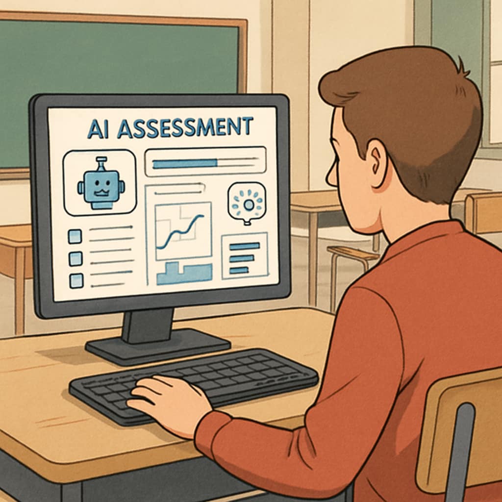 A student interacting with an AI-powered assessment platform, showcasing the future of dynamic and personalized evaluations. Student using AI assessment platform for competitive exam preparation