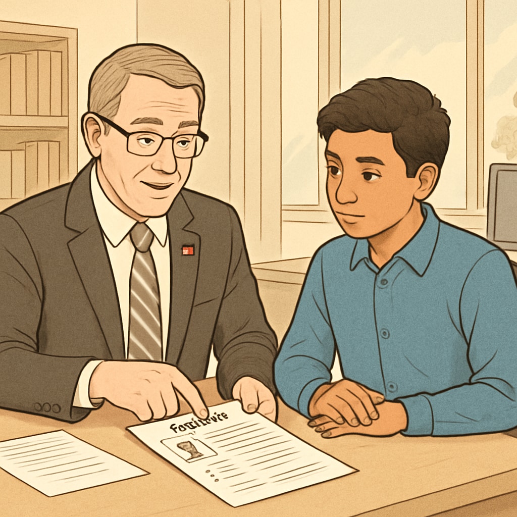 A professional office setting where a Canadian mentor is reviewing a resume with a student. A Canadian mentor helping a student improve their resume in a professional setting.
