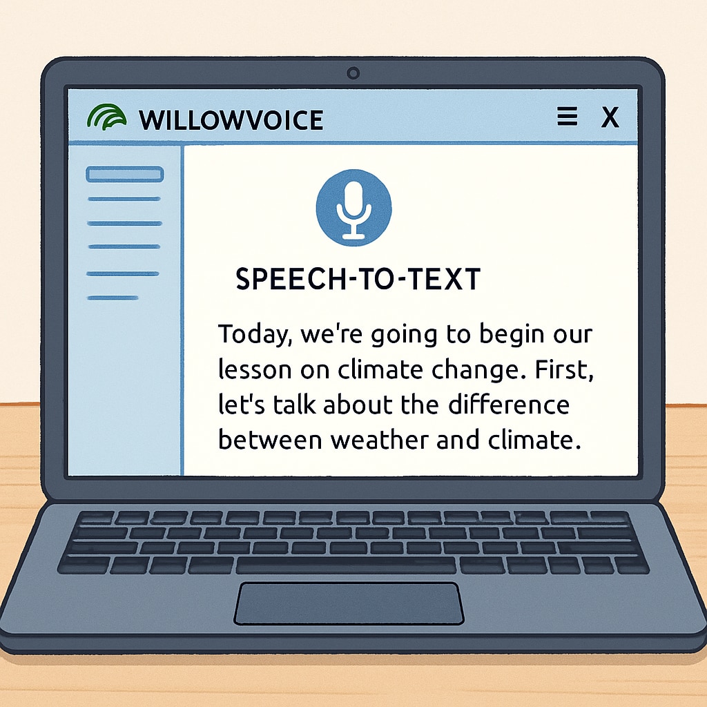Speech-to-text transcription on a laptop; WillowVoice in action for K12 education.