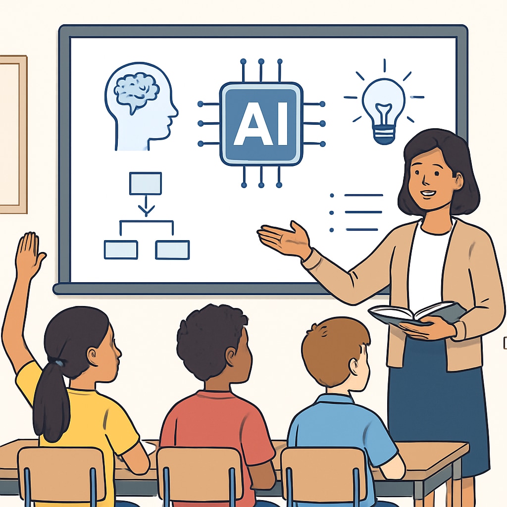 Teacher and AI-powered smartboard collaboration in a classroom.