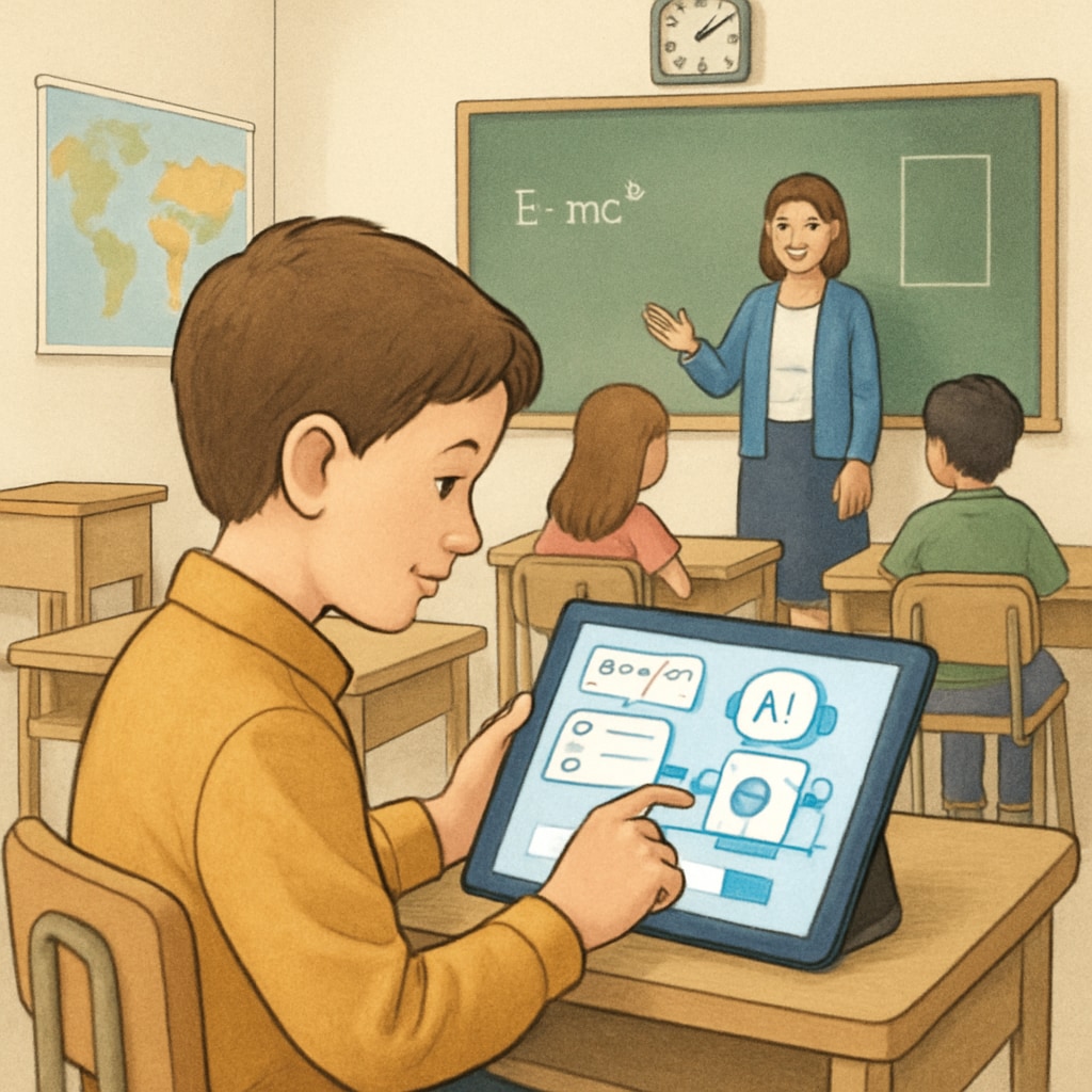 A classroom scene showing a student using an AI-powered learning tool, such as an interactive tablet, for personalized learning. Student using AI-powered learning tool in classroom setting.