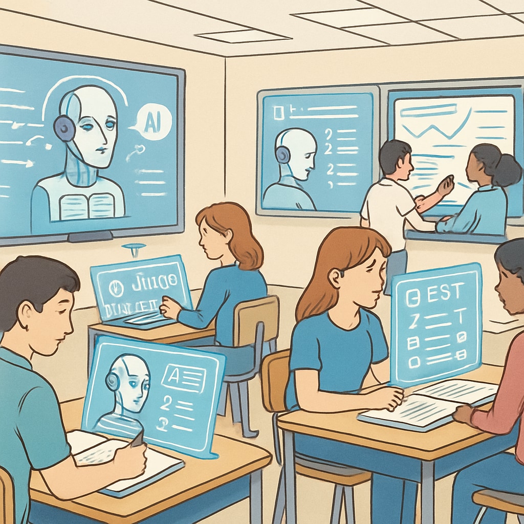 A futuristic classroom with students using AI-driven educational tools to prepare for exams. The image portrays the integration of AI in modern education. AI-driven education tools in a futuristic classroom preparing students for competitive exams.