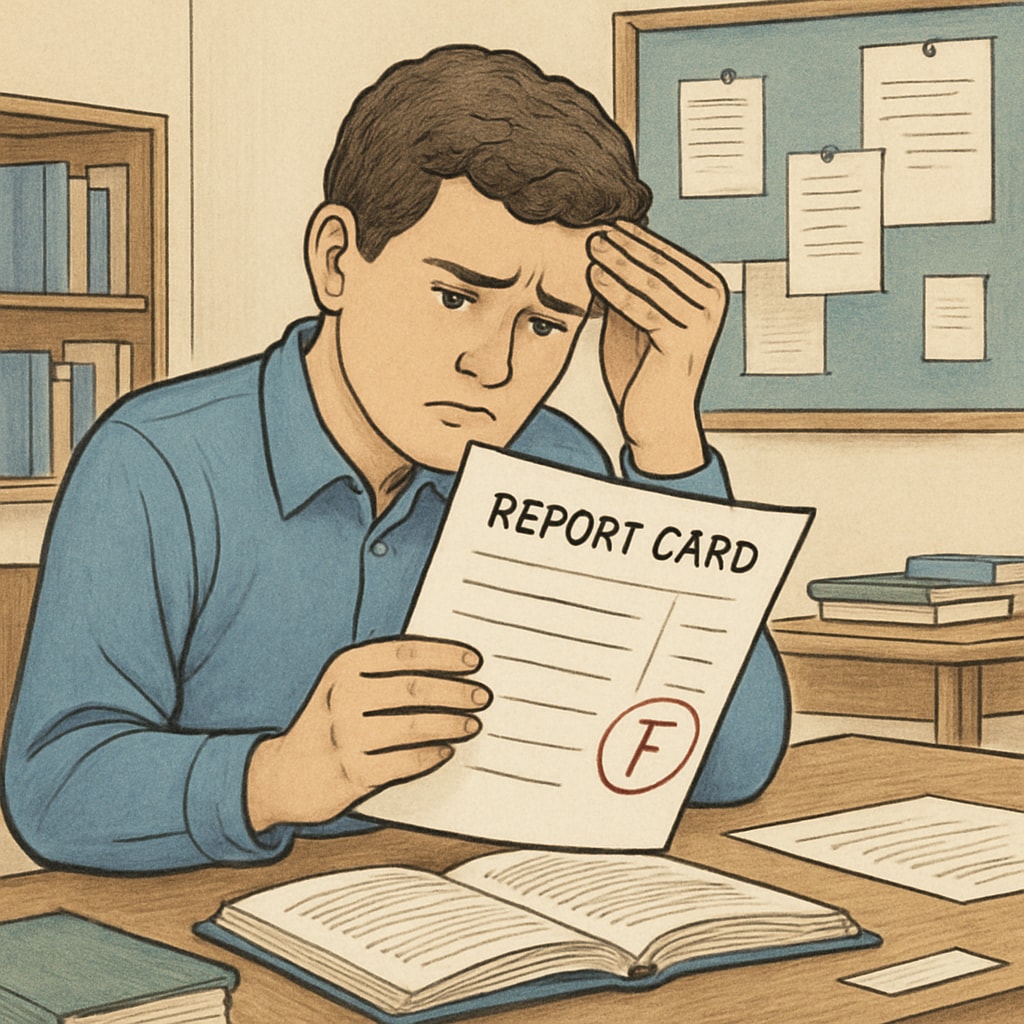 A student reviewing their report card, concerned about a single low grade, symbolizing academic challenges in college applications. A worried student looking at their grades, illustrating academic challenges and college applications.