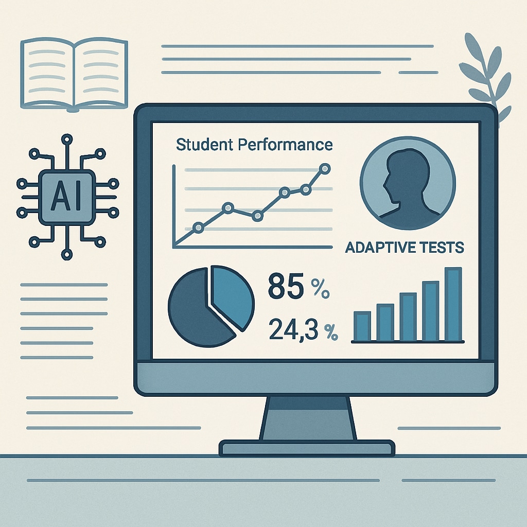A visual representation of an AI system analyzing student performance data, displayed as graphs and metrics on a computer screen, to create adaptive tests. AI system analyzing student performance for adaptive testing.