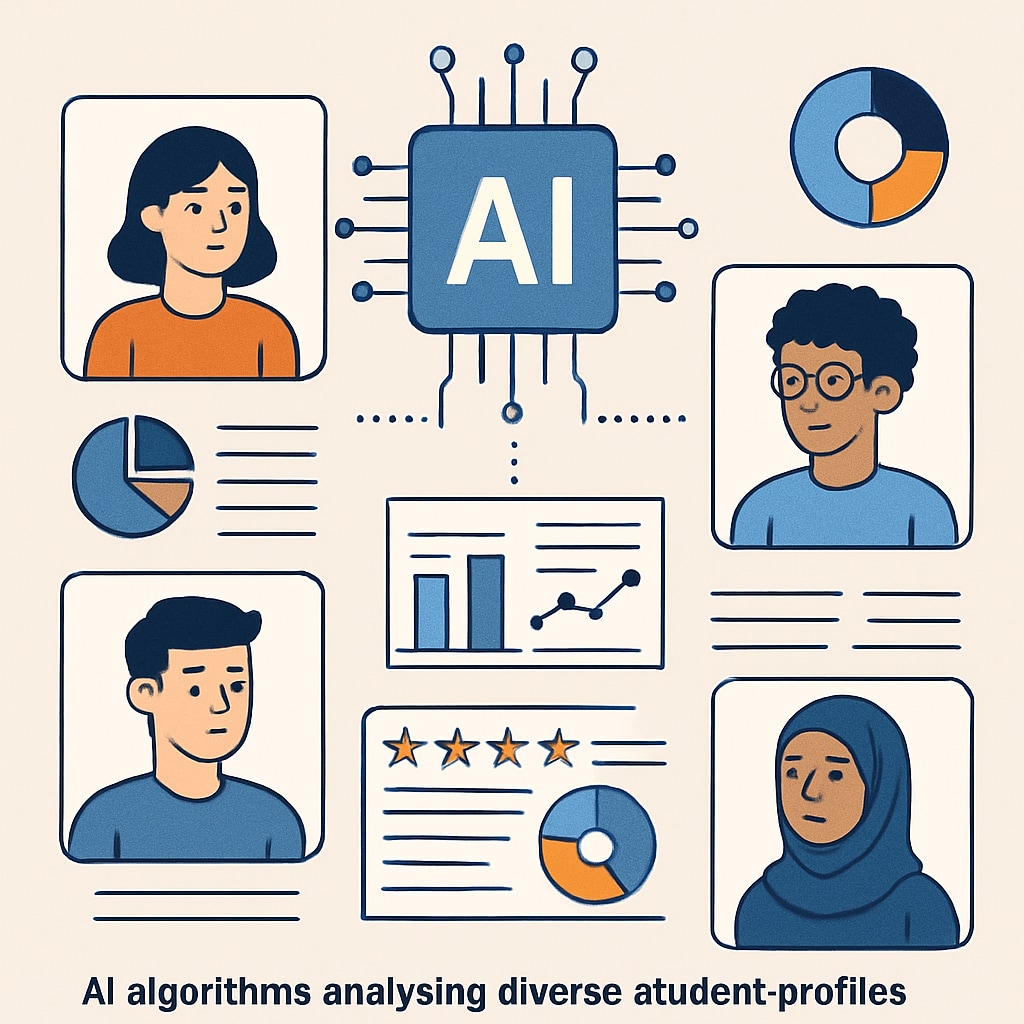 A conceptual image of AI algorithms analyzing diverse student profiles to assist in talent evaluation. The image symbolizes the role of AI in modern talent selection. AI analyzing student profiles for talent evaluation in the competitive exam era.