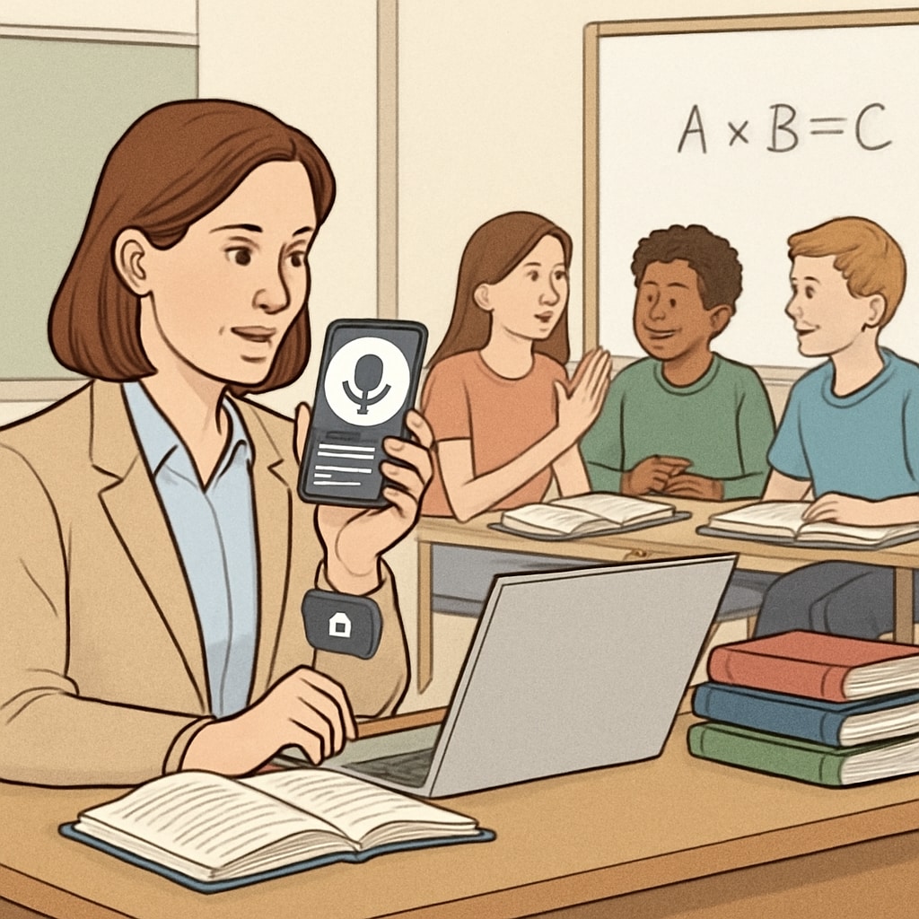 A teacher using a voice recognition tool, like WillowVoice, to transcribe classroom discussions in real-time. Teacher using WillowVoice for classroom transcription with students.