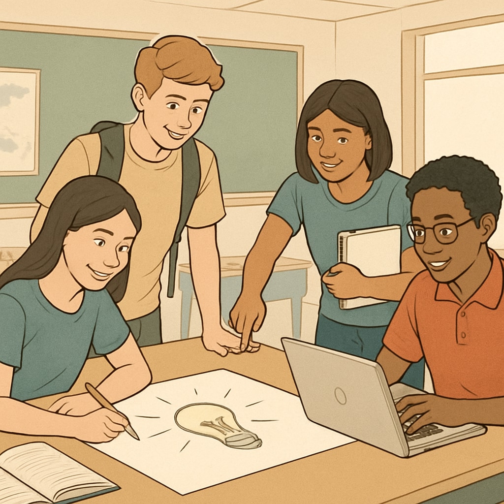 A group of motivated high school students collaborating on a project, representing extracurricular involvement and teamwork. High school students collaborating on a project, symbolizing extracurricular involvement.