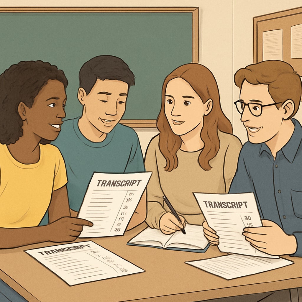 A group of diverse students reviewing their transcripts together, symbolizing the importance of academic evaluations in college admissions. Students reviewing transcripts and discussing college admissions criteria.