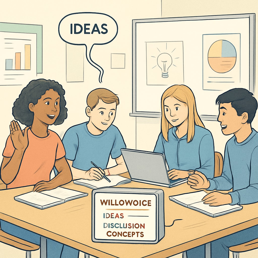 Students actively participating in a group activity while WillowVoice transcribes their brainstorming session. Students using WillowVoice for group brainstorming in class.