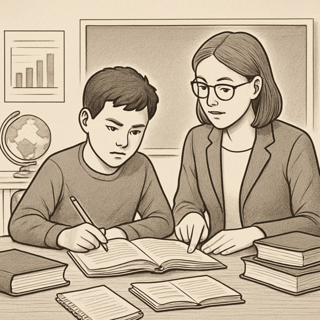 A determined student working with a tutor, symbolizing resilience and academic growth. A student working with a tutor to improve academic performance.