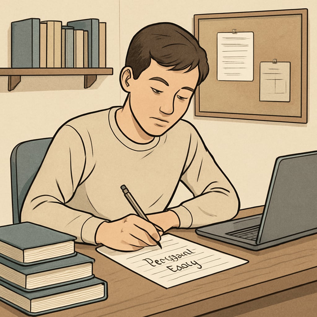 A high school student writing a personal essay for their college application, focusing on growth and overcoming challenges. Student writing a college essay to address a low academic score.