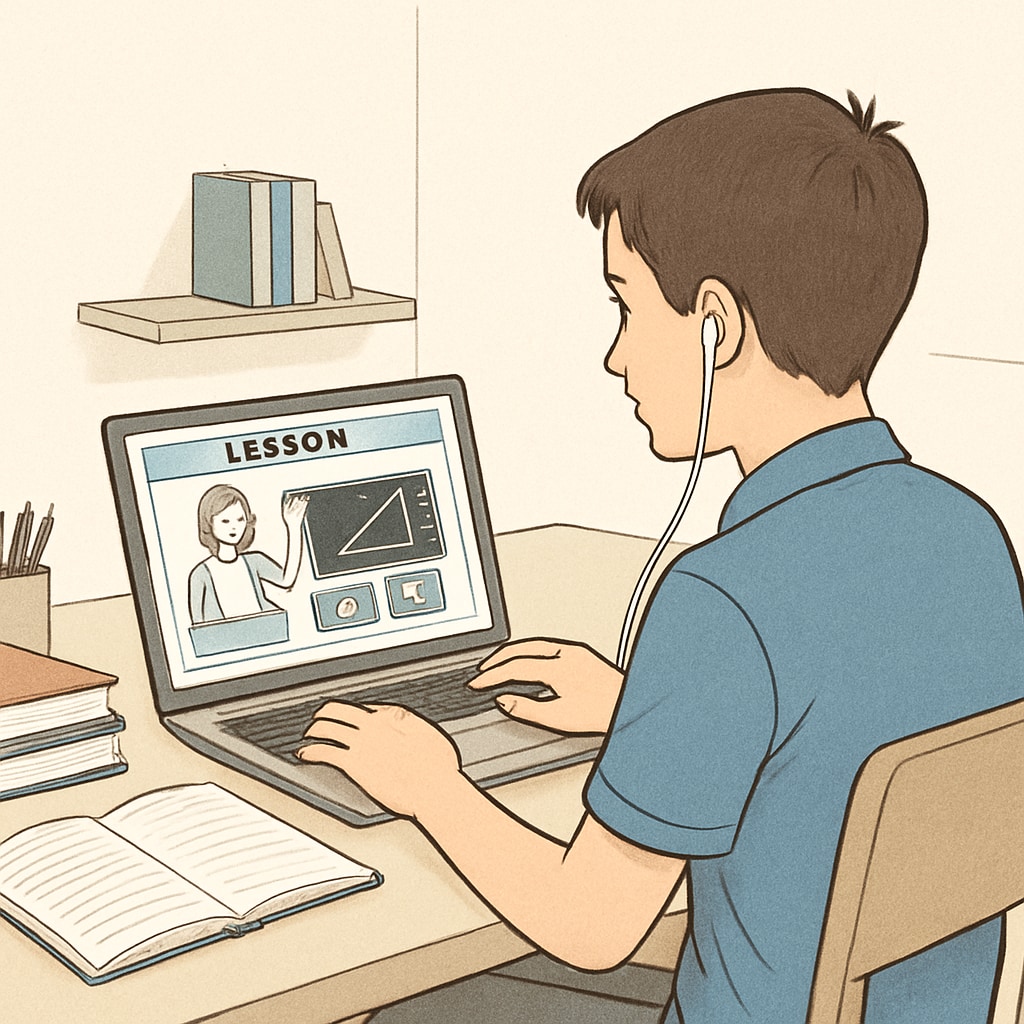 A high school student studying via an online education platform, showcasing a laptop screen with an interactive learning module. High school student using an online education platform for external learning resources.